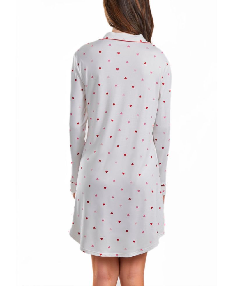 Women's Kyley Heart Print Button Down Sleep Shirt with Contrast Red Trim