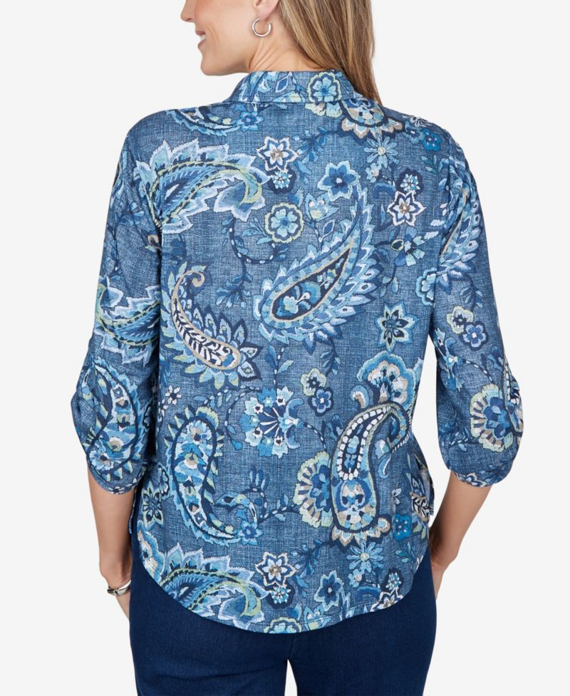 Petite Paisley 3/4-Sleeve Roll-Tab Top