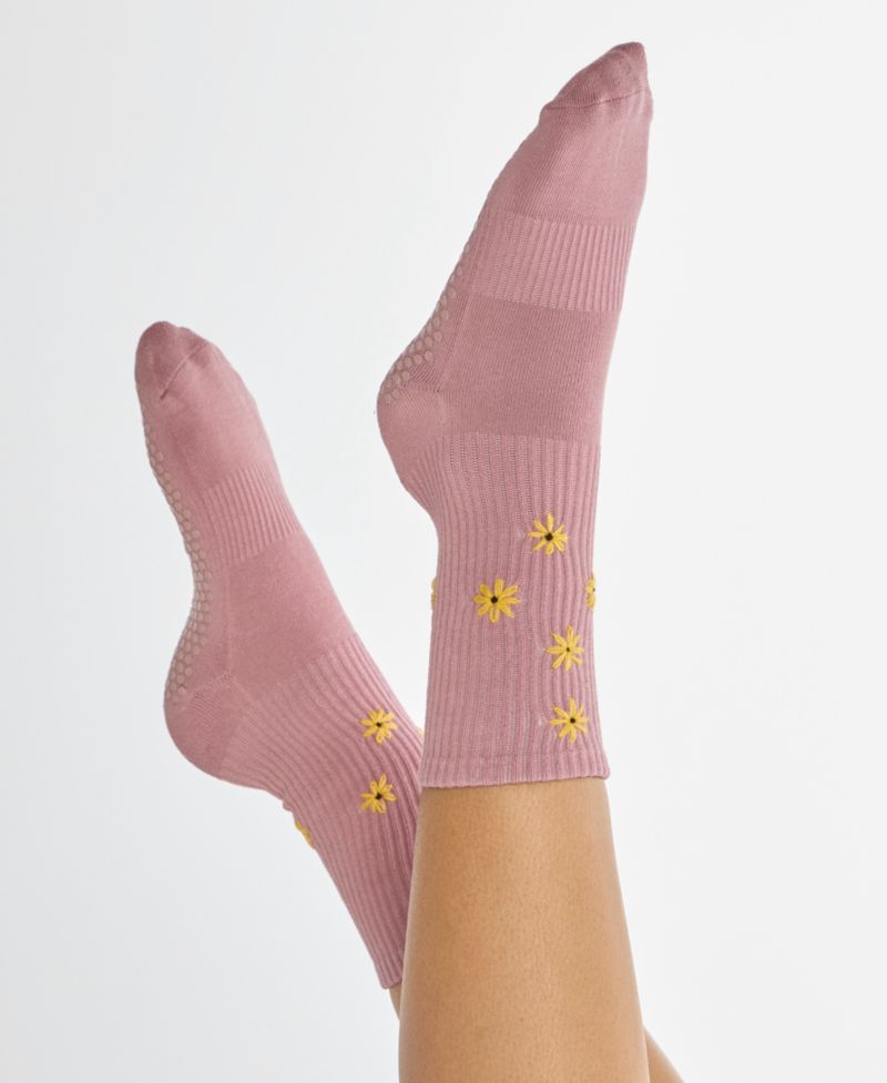 Women's Daisy Grip Embroidered Daisies Honeycomb Grip Crew Socks