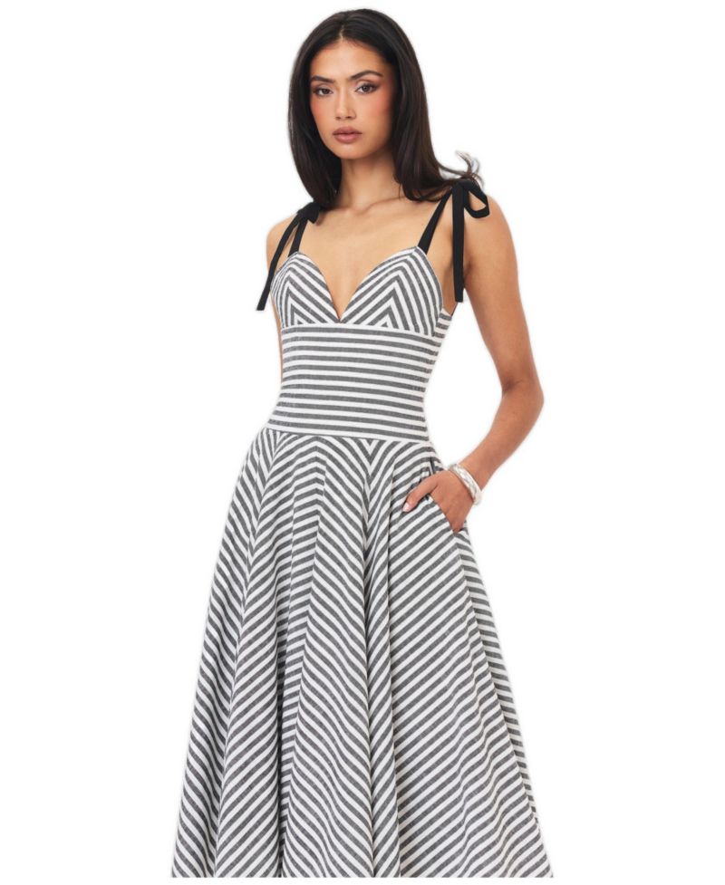 Women's Riley Striped A-Line V-Neck Cotton-Linen Blend Midi Dress