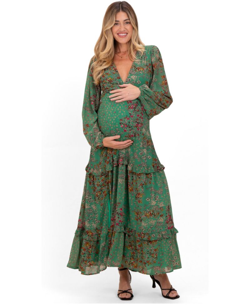 Women's Green Floral Chiffon V-Neck Long Sleeve Maxi Dress