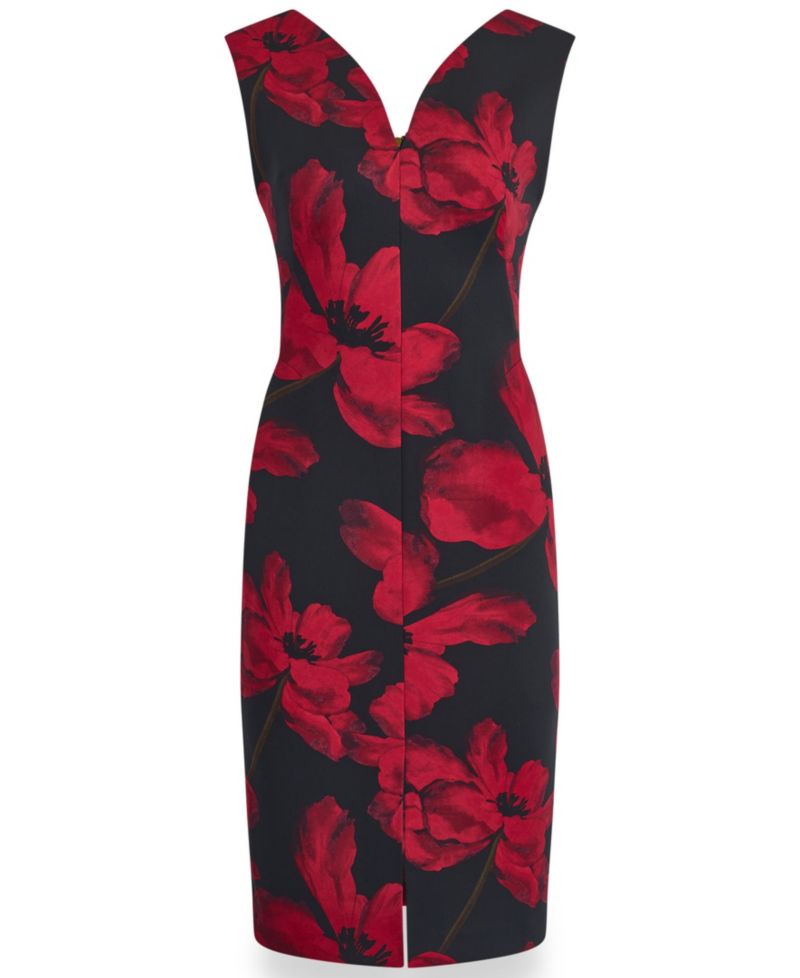 Women's Floral-Print V-Neck Sleeveless Sheath Midi Dress