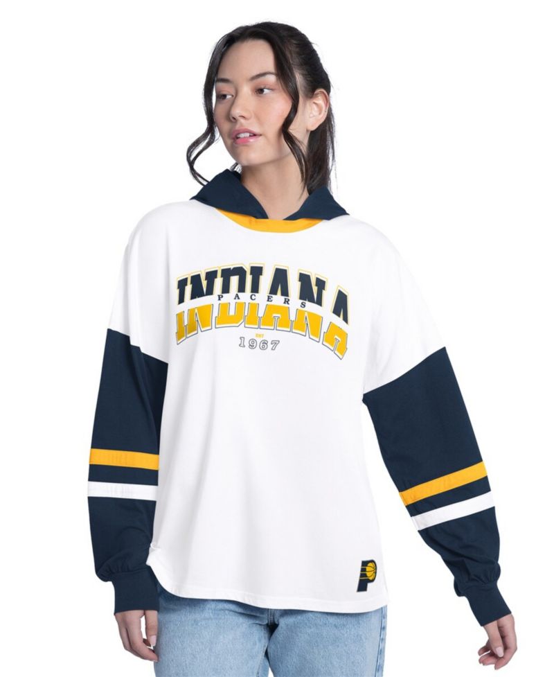 Women's White/Navy Indiana Pacers Key Player Oversized Hooded Long Sleeve T-Shirt