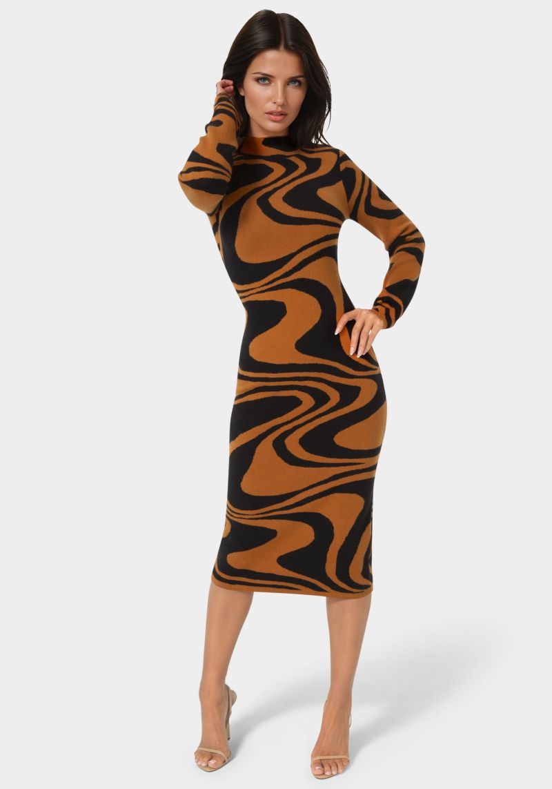 Women's Jacquard Funnel Midi Sweater Dress