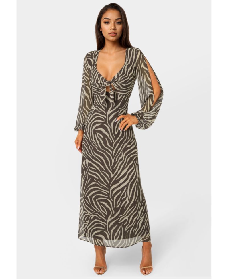 Women's Printed Chiffon Tie Front Maxi Dress