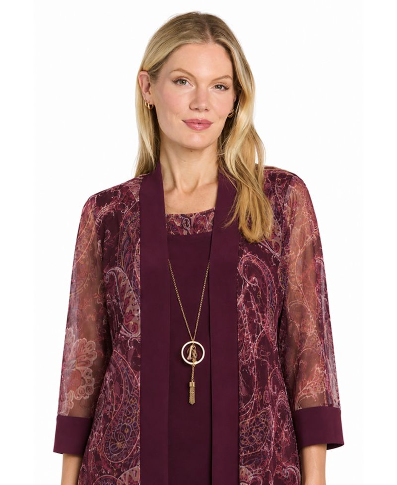 Women's Paisley Scoop-Neck 3/4-Sleeve Dress and Jacket Set