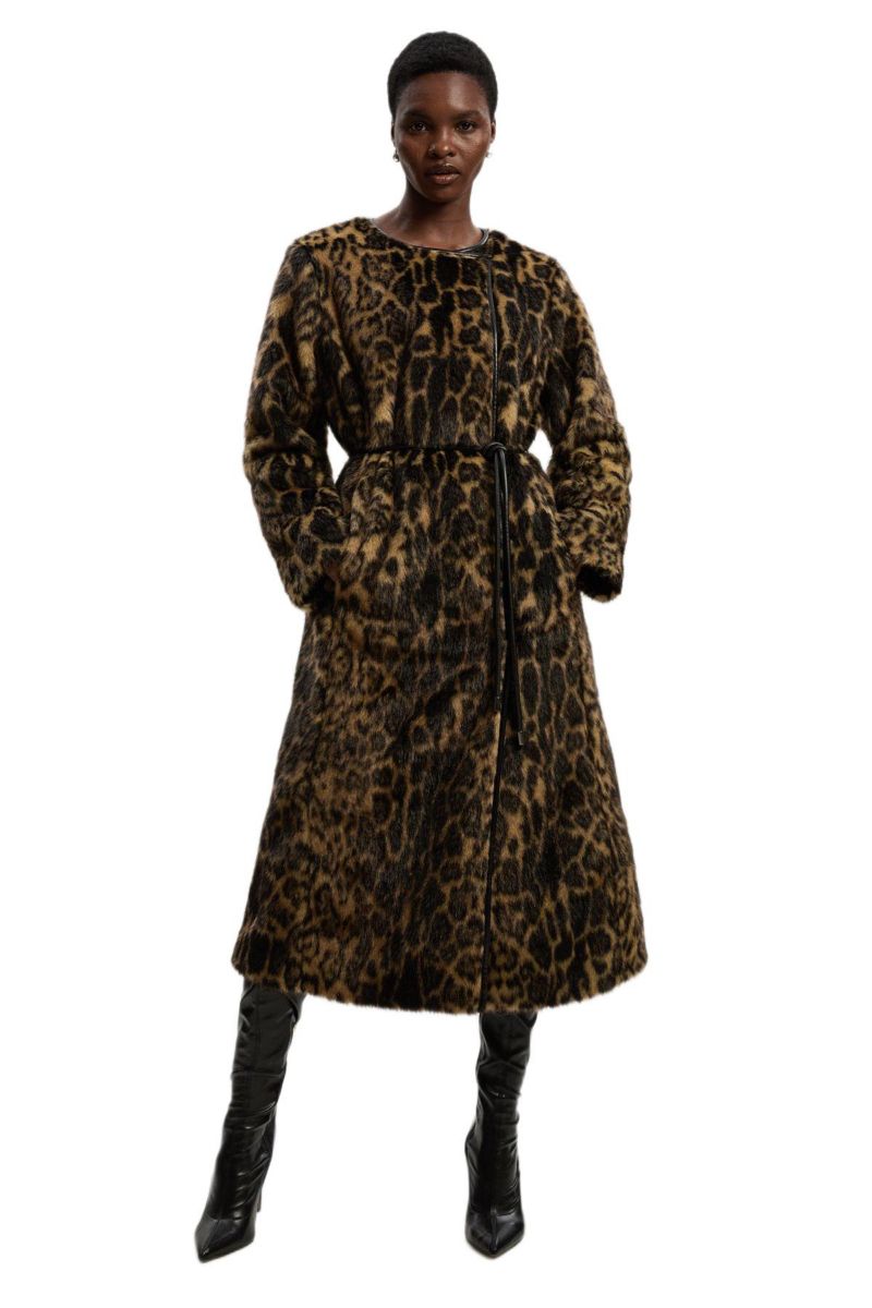 Women's Faux Fur Collarless Tie Belted Midi Coat