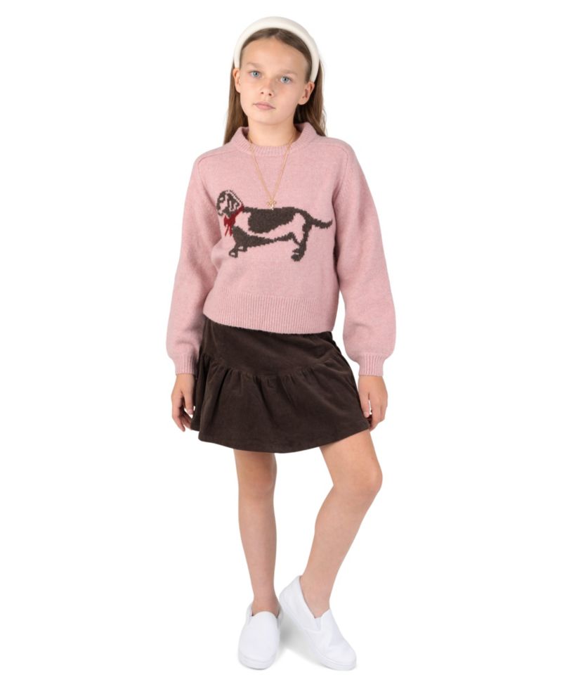 Girls' 7-12 Dog Graphic Brushed Sweater, Corduroy Skort and Necklace, 3-Piece Set