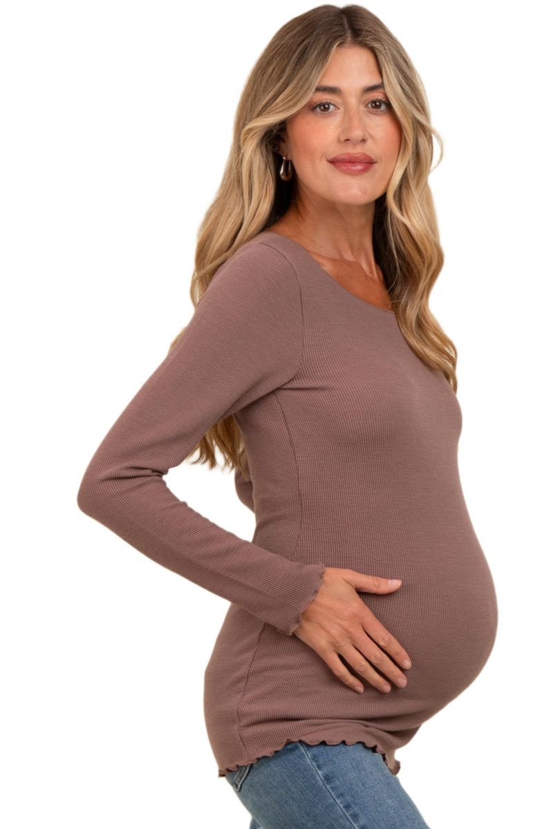 Women's Charcoal Ribbed Knit Long Sleeve Lettuce Hem Top