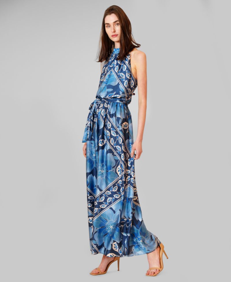 Women's Printed Satin Halter Neck Maxi Dress