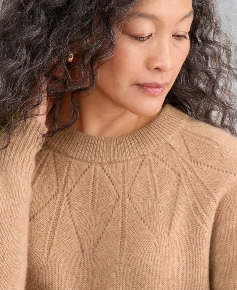 Women's Placed-Pointelle Crewneck 100% Cashmere Sweater