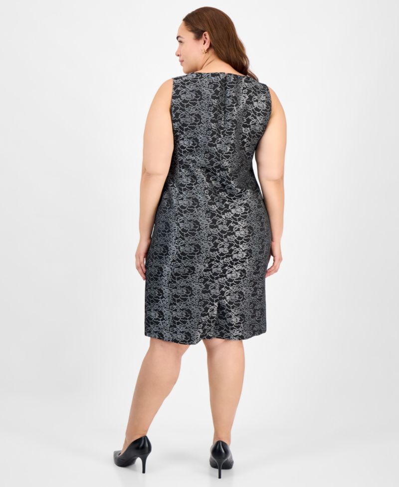 Plus Size Floral Jacquard Sleeveless Sheath 2 Piece Dress Suit