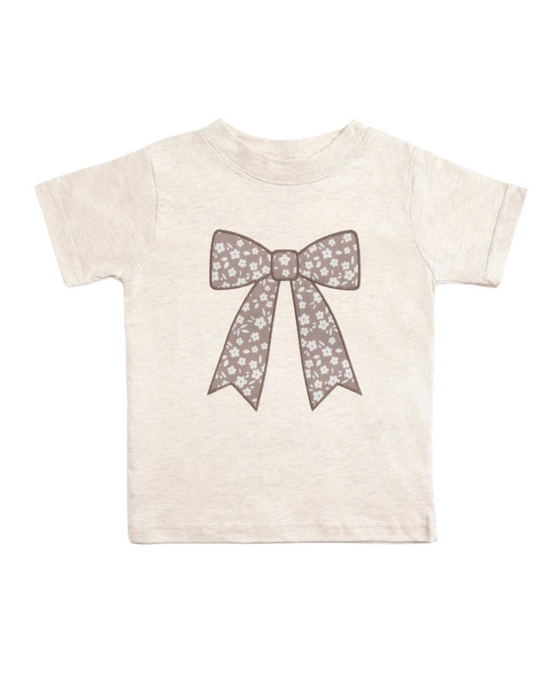 Little Girls Mocha Floral Bow Patch Short Sleeve T-Shirt