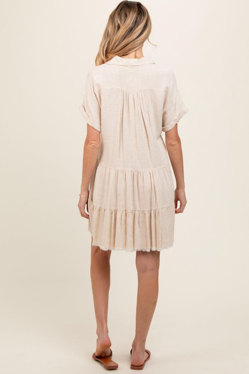 Women's Cream Tiered Linen Dress