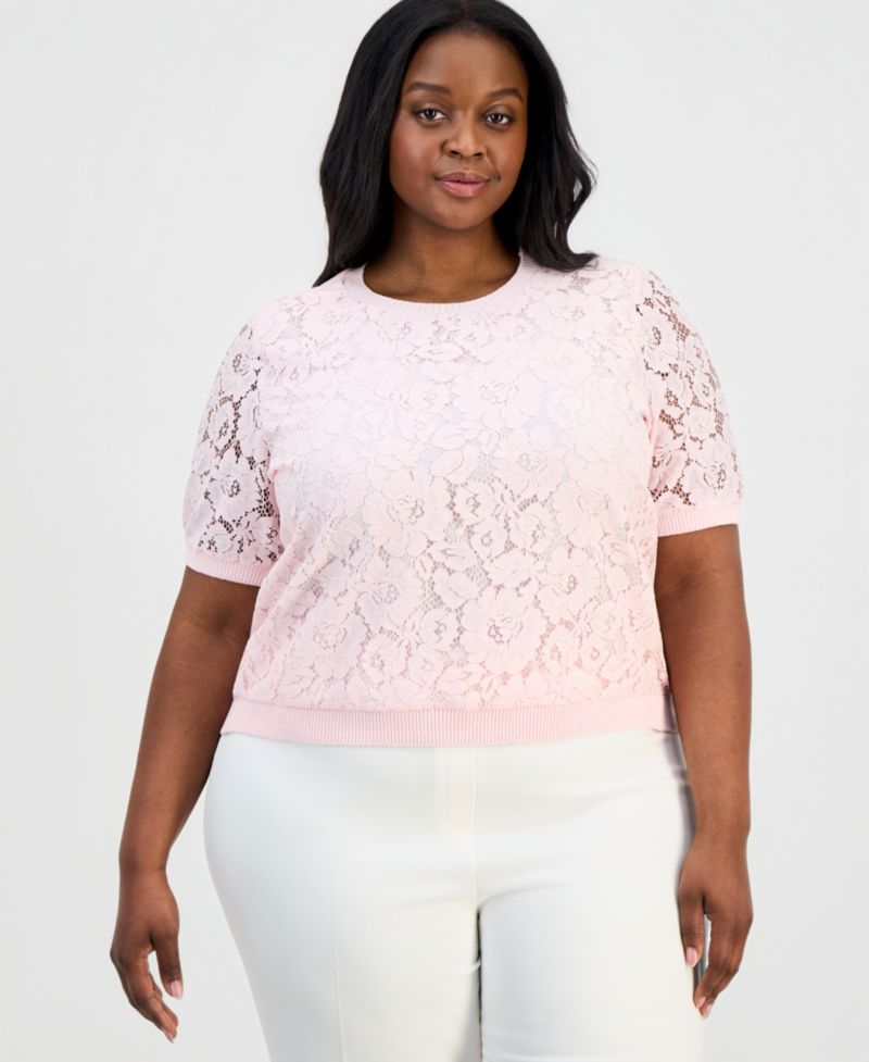ASL Plus Size Lace-Front Short-Sleeve Sweater