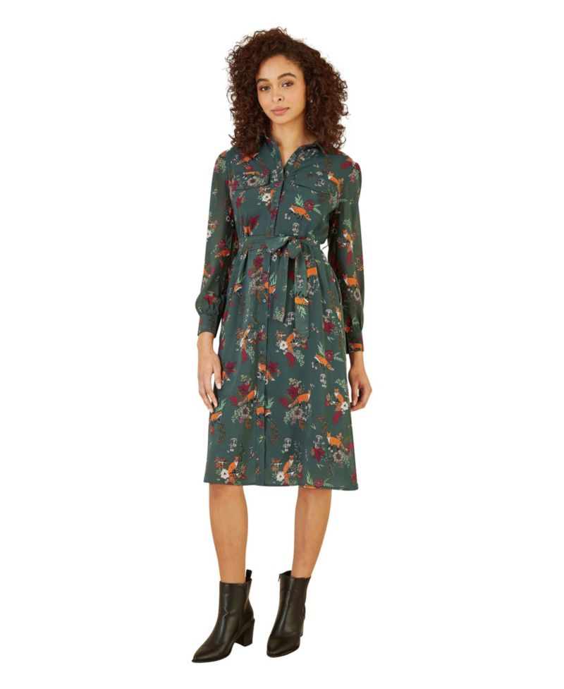Women's Fox Print Shirt Midi Dress