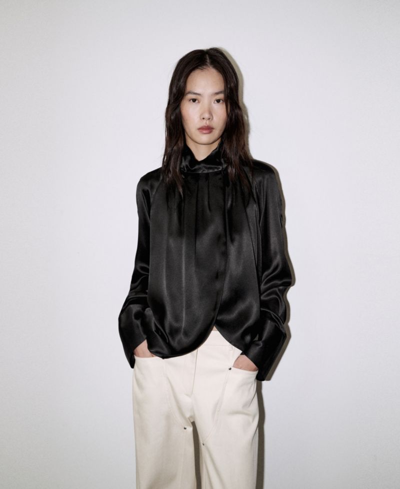Women's Selection Mock Neck Long Sleeves with Slit at Cuffs Silk Blouse