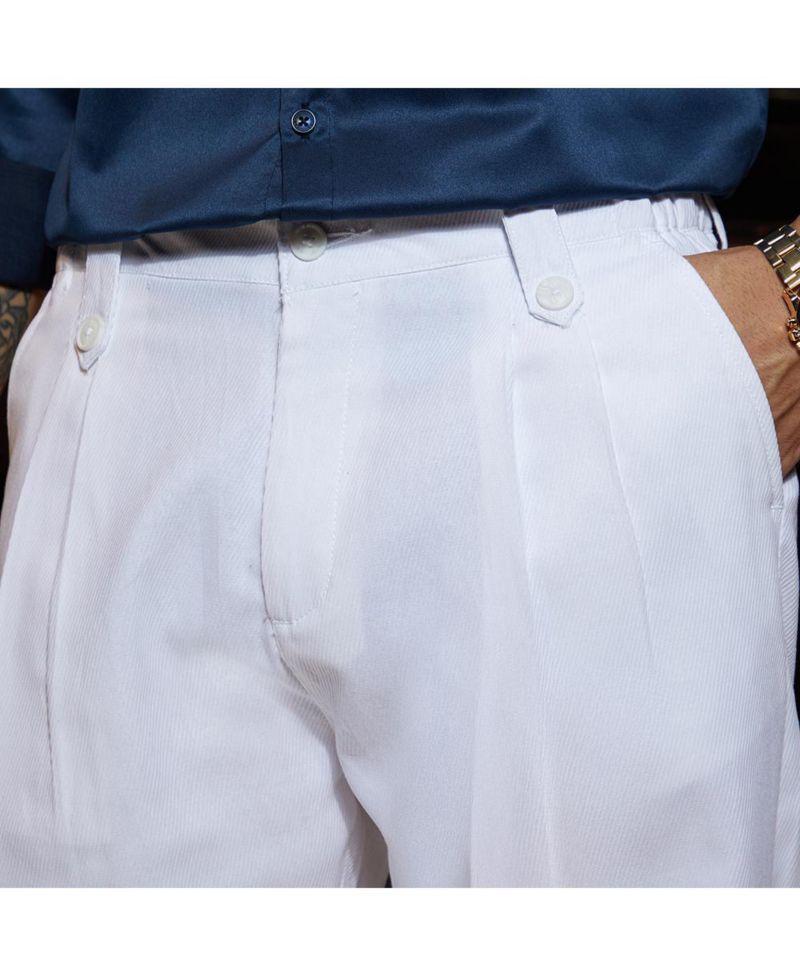 Men's Cream White Ribbed-Pleated Chino Trousers