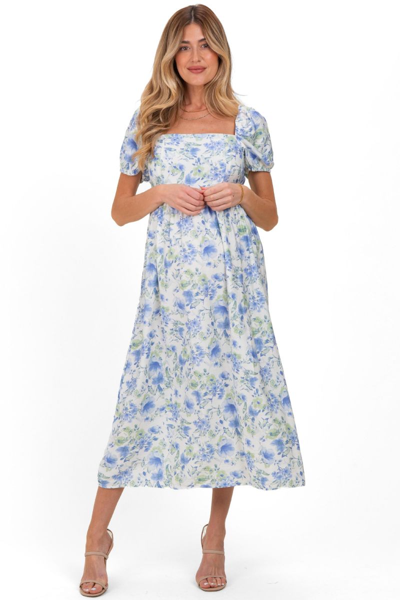 Women's Blue Floral Crisscross Back Midi Dress
