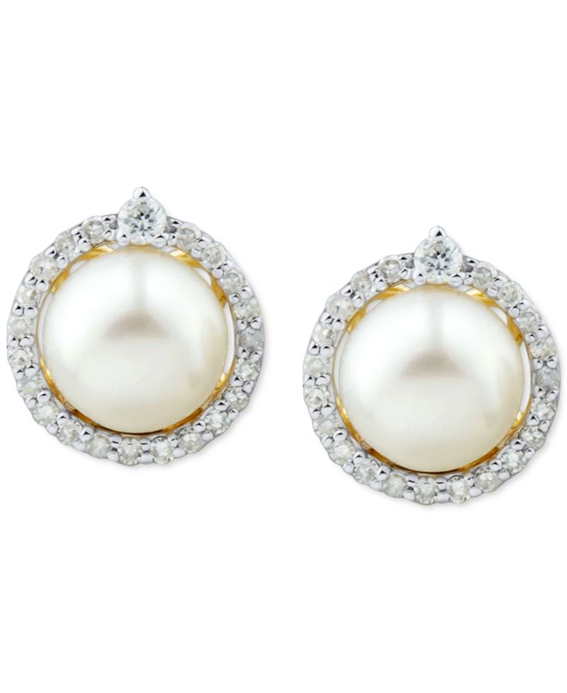 Cultured Freshwater Pearl (6mm) & Diamond (1/6 ct. t.w.) Halo Stud Earrings in 14k White Gold