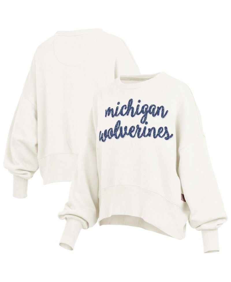 Women's Cream Michigan Wolverines Oversized Chelsea Waist Length Pullover Sweatshirt