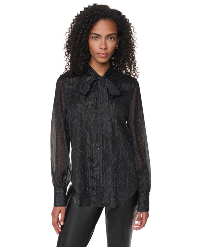 Petite Long-Sleeve Tie-Neck Button-Up Blouse