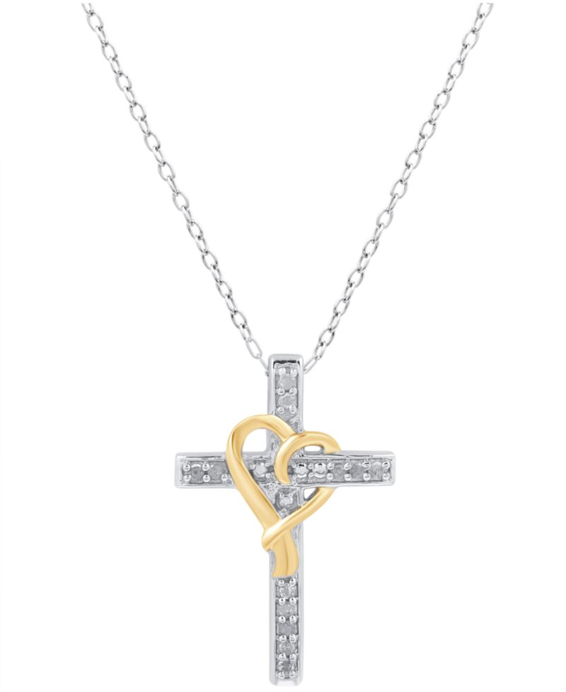 Diamond Cross & Heart 18" Pendant Necklace (1/10 ct. t.w.) in Sterling Silver & 14k Gold-Plate