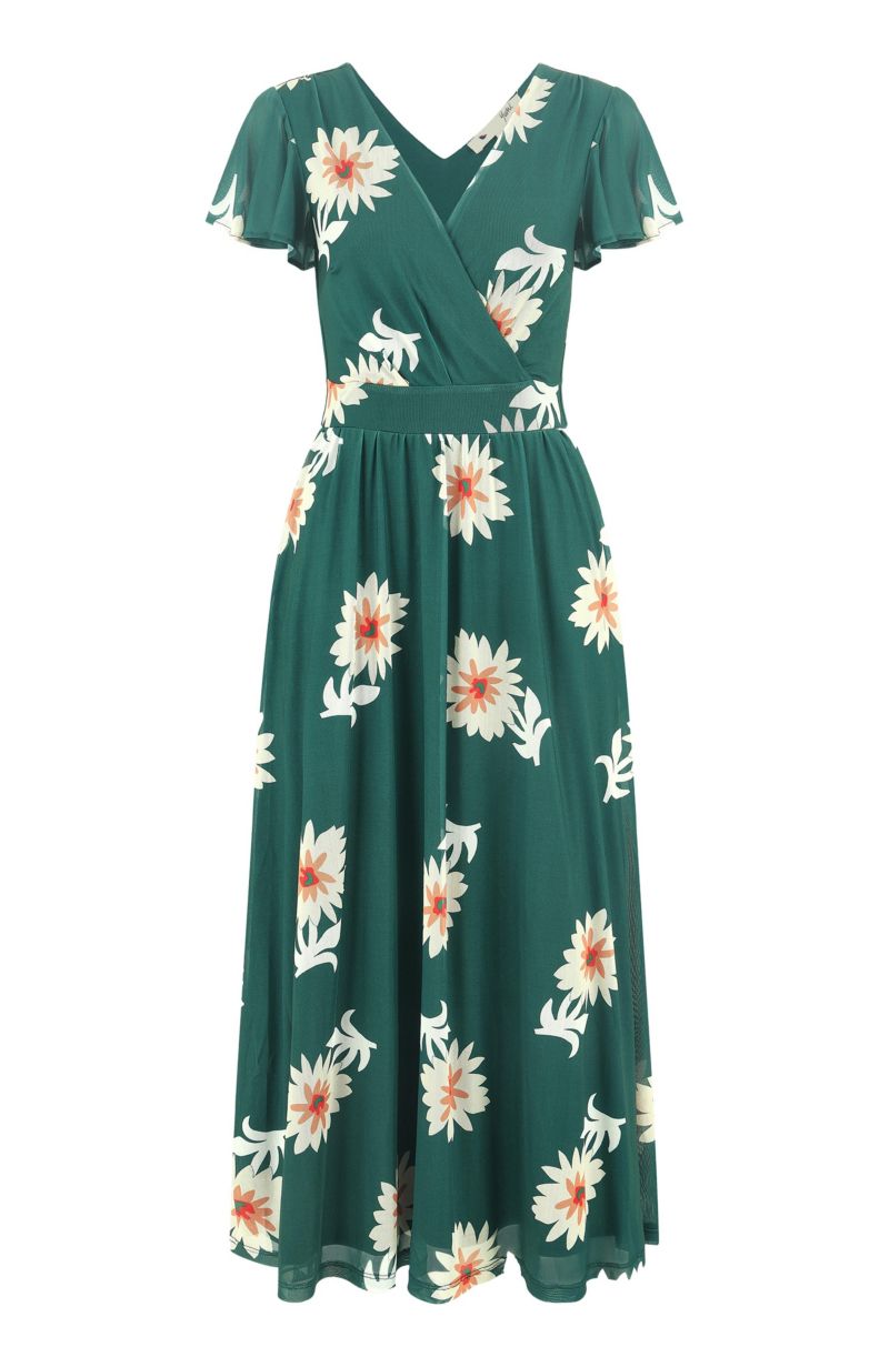 Women's Mesh Flower With Pockets Wrap Midi Dress