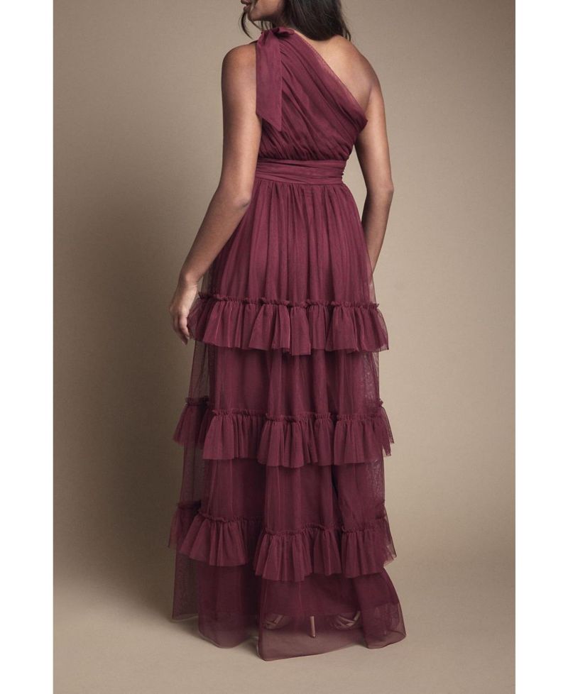 Women's Pleated One Shoulder Tiered Maxi Dress