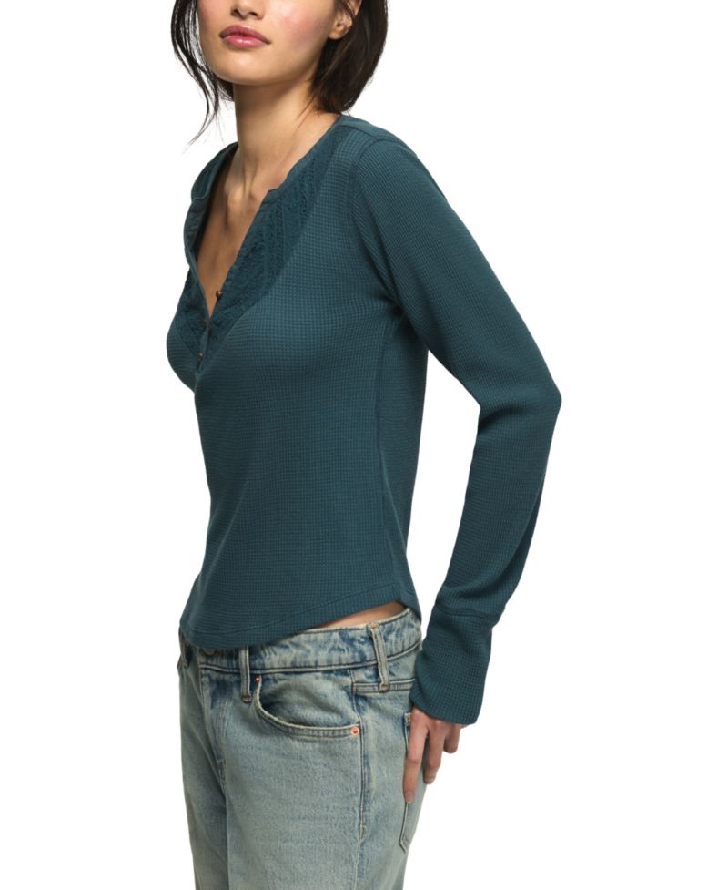 Women's Trim Mix Long-Sleeve V-Neck Lace-Trim Henley Top
