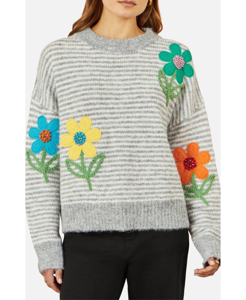 Women's Striped Floral Relaxed Fit Sweater