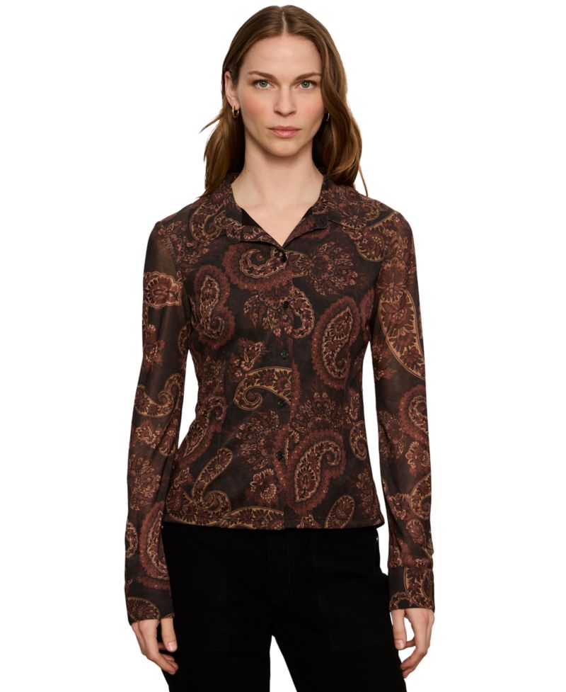 Petite Long-Sleeve Mesh Paisley Blouse