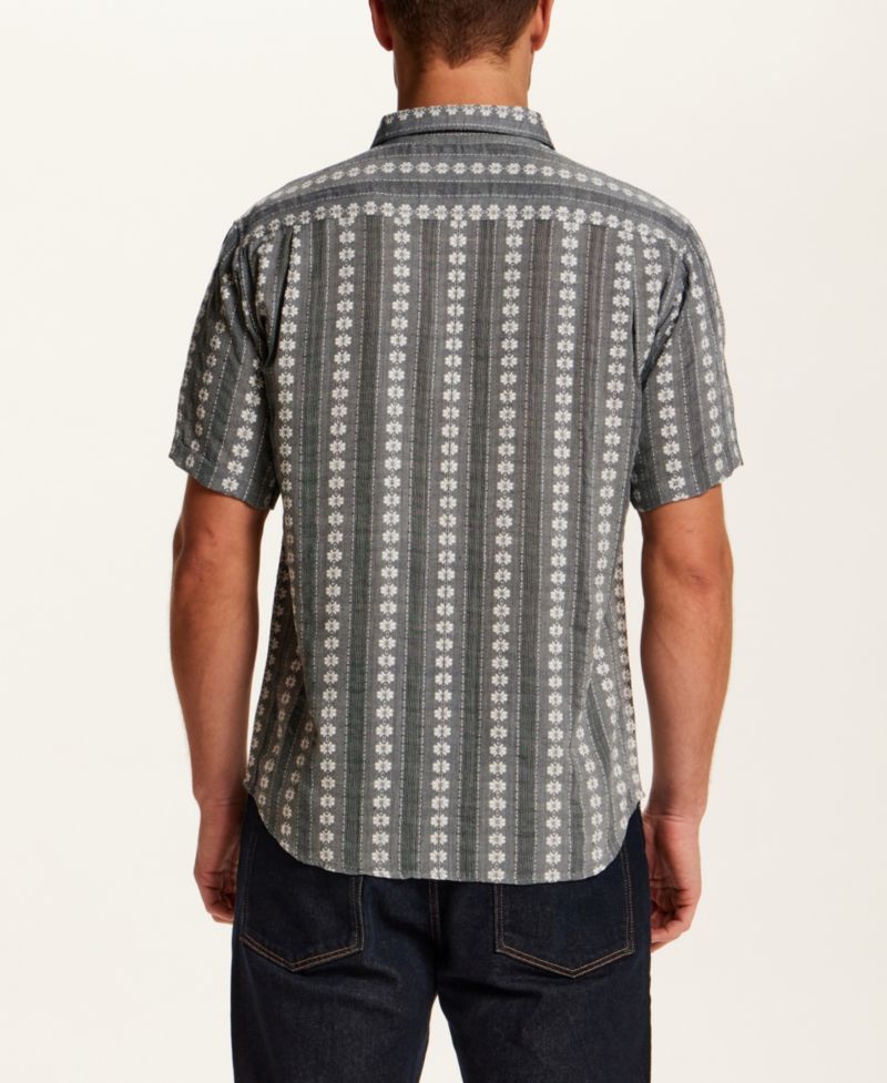Men's Short-Sleeve Embroidered Flower Striped Shirt