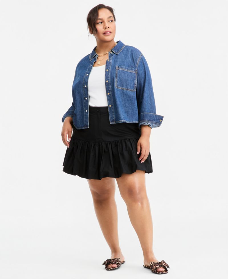 Trendy Plus Size Long-Sleeve Cropped Denim Shirt