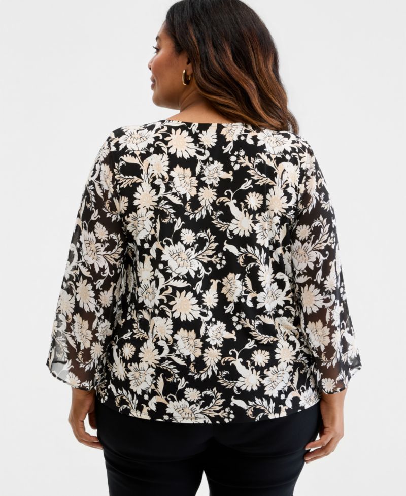 Plus Size Bold Floral Scroll Chiffon-Sleeve Gathered-Neck Top