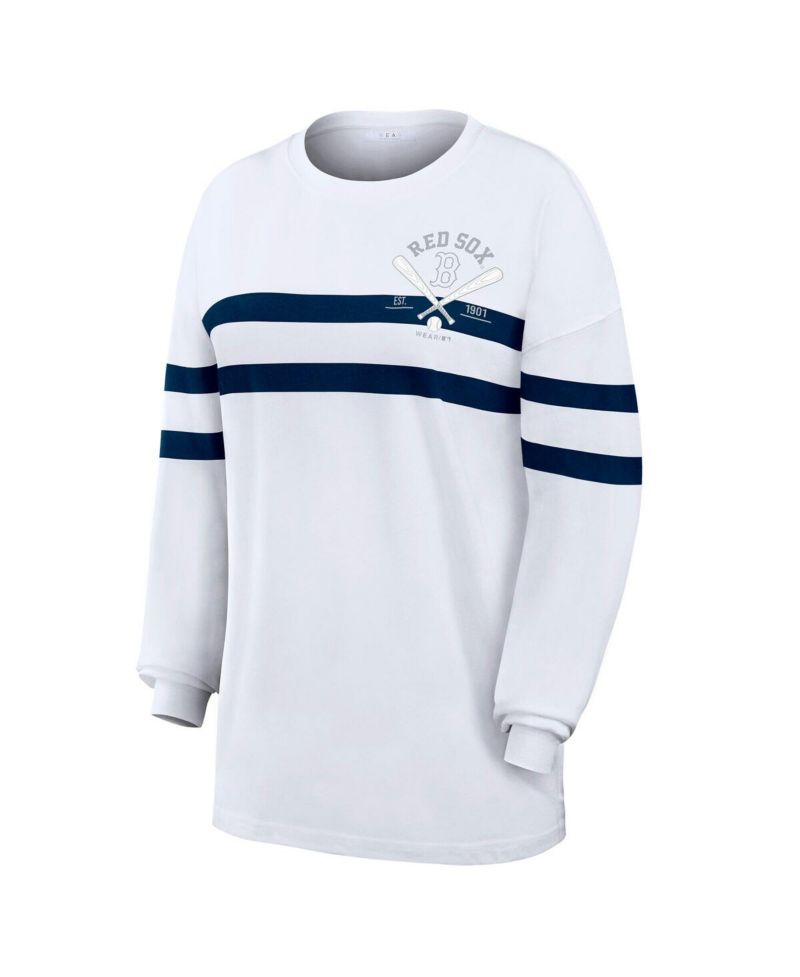 Women's White Boston Red Sox Oversized Long Sleeve Striped T-Shirt