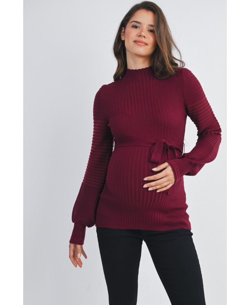 Maternity Mock Neck Long Sleeve Belted Sweater