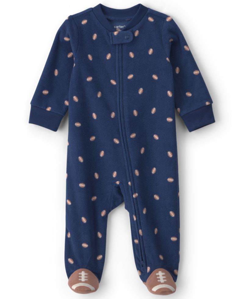 Baby Boys' Football-Print Fleece 2-Way Zip Footed Pajamas