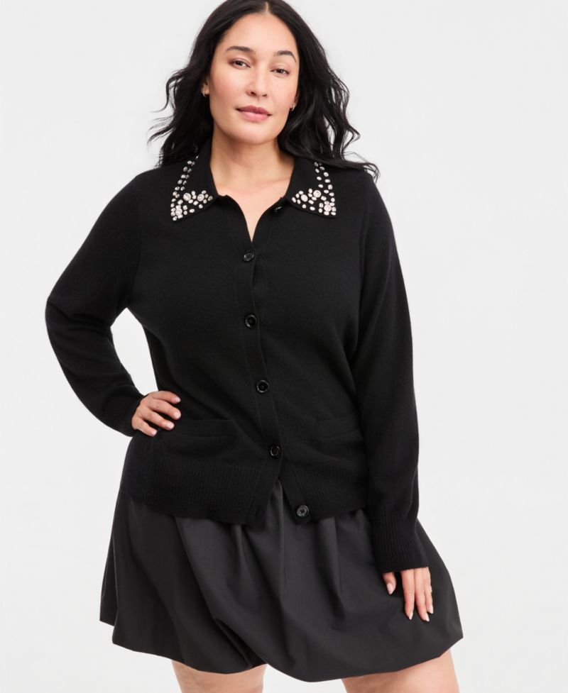 Plus Size 100% Cashmere High-Rib Embellished Cardigan