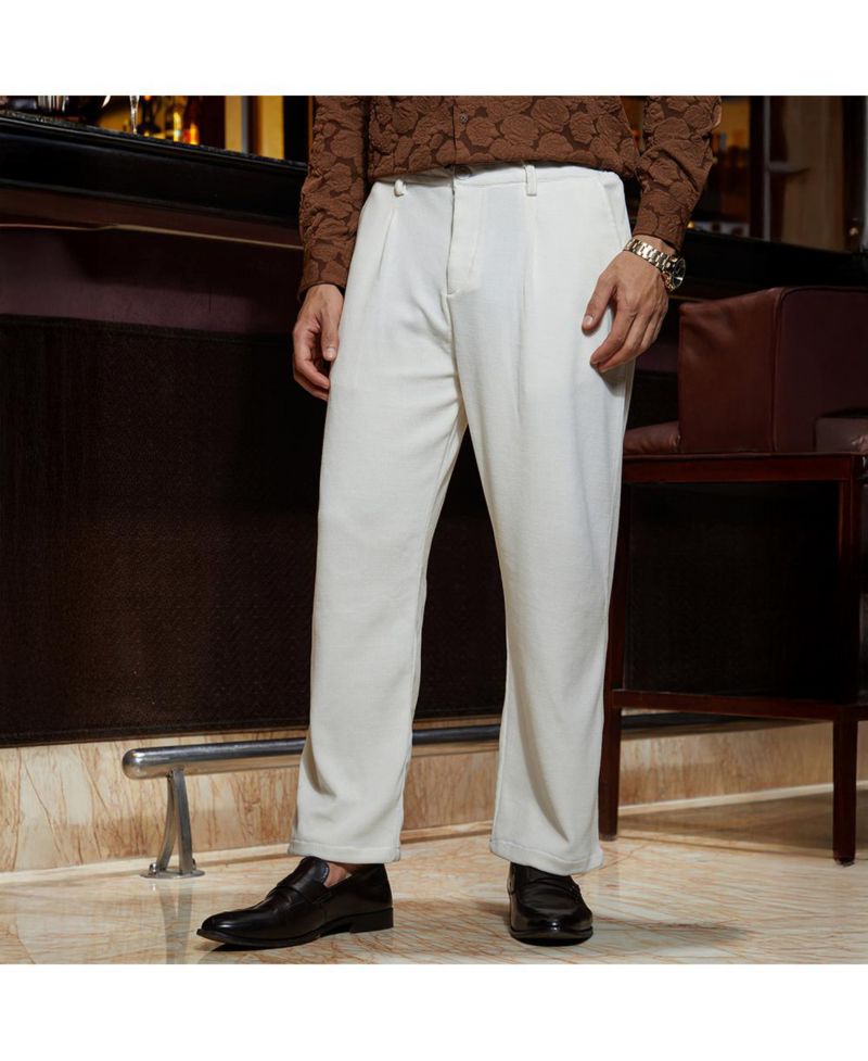 Men's Cream White Waffle-Pleated Straight Trousers