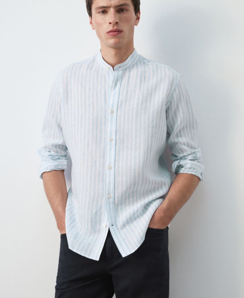 Men's Mandarin Collar Striped Shirt