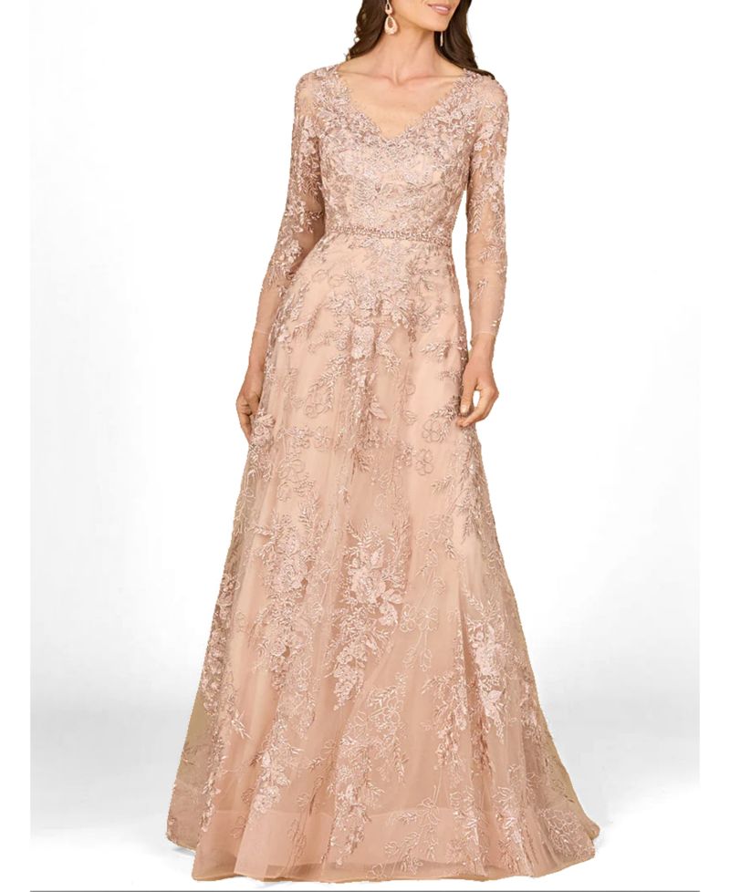 Women's Long Sleeve V-Neck Lace Gown with Beaded Belt