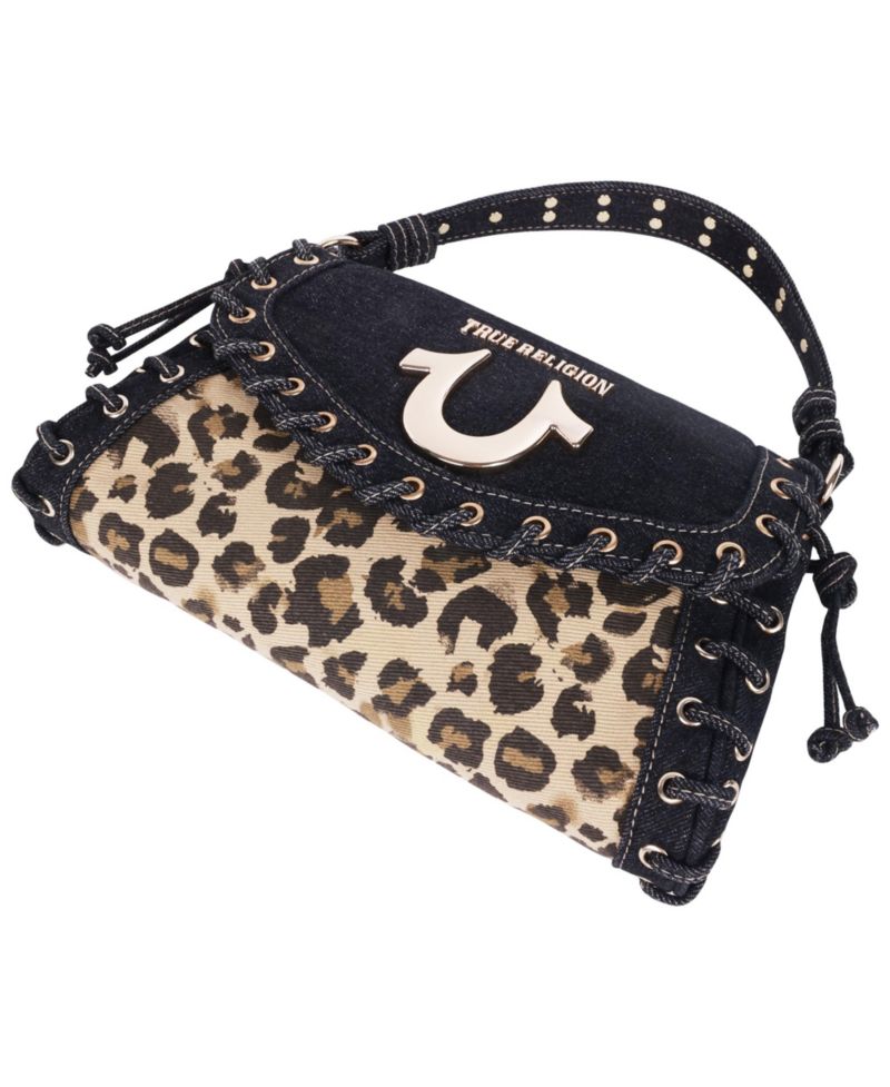 Denim Leopard Eyelet Trim Flap Bag