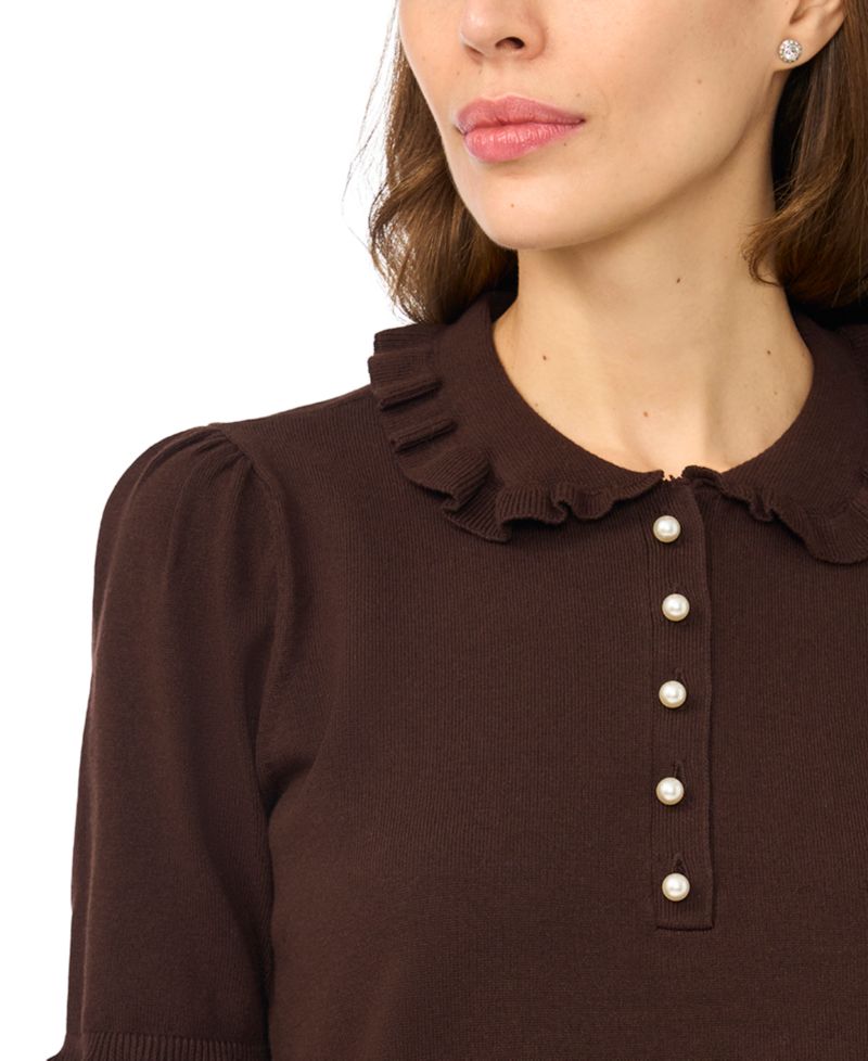 Women's Short-Sleeve Ruffle-Collar Ribbed-Knit Polo Sweater