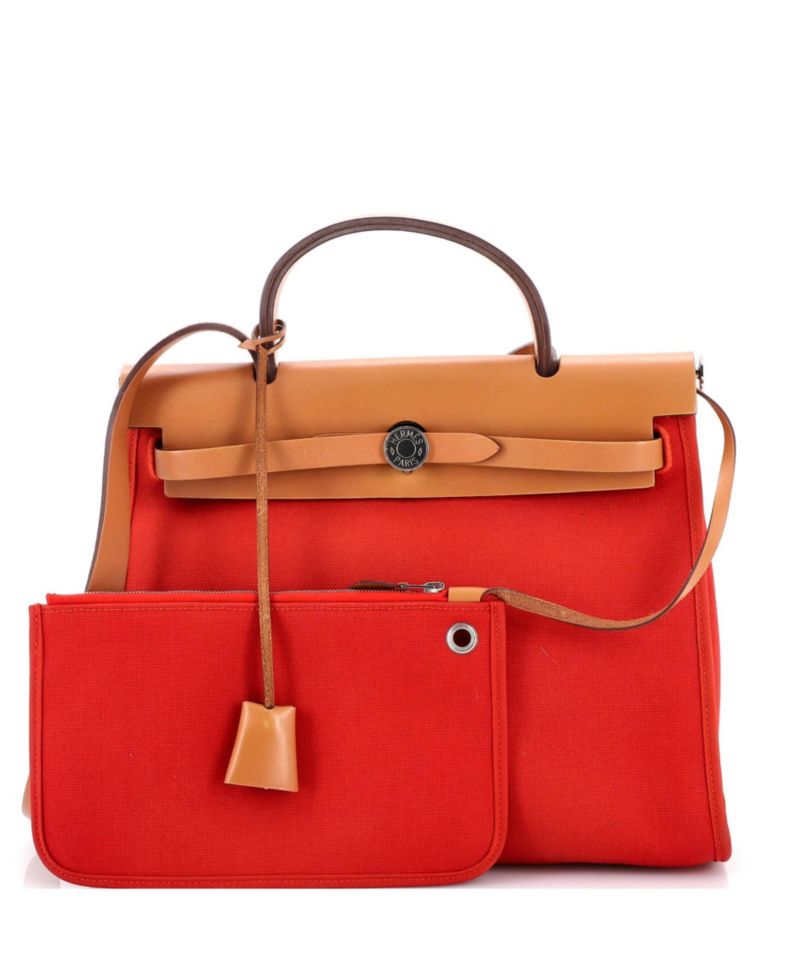 Pre-Owned Herm&eacute;s Herbag Zip Medium Leather and Canvas Crossbody Shoulder Bag