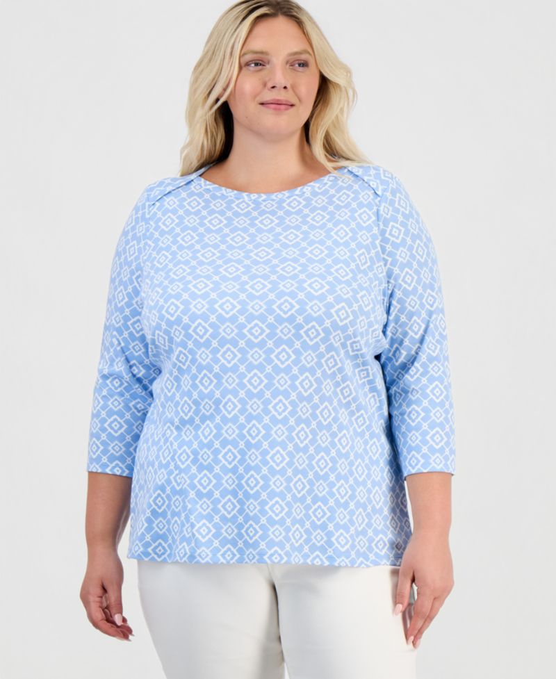 Petite Printed Pima Cotton 3/4-Sleeve Boat Neck Top