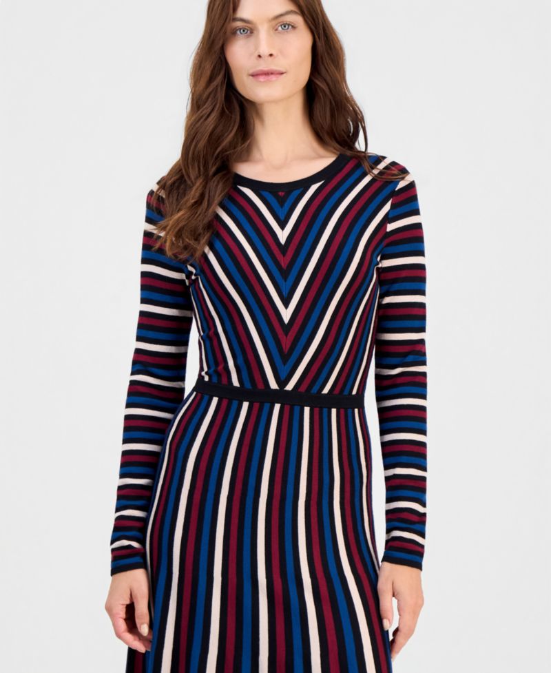 Women's Multicolor Striped Long-Sleeve Midi Dress