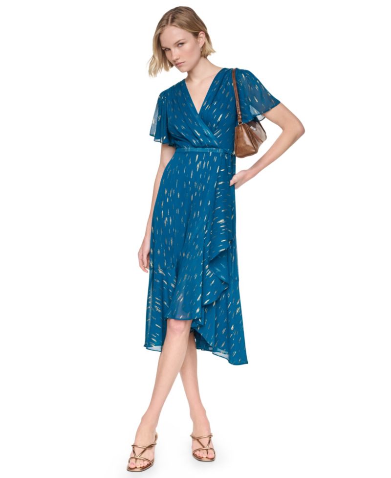 Women's Flutter-Sleeve Ruffle V-Neck Midi Dress