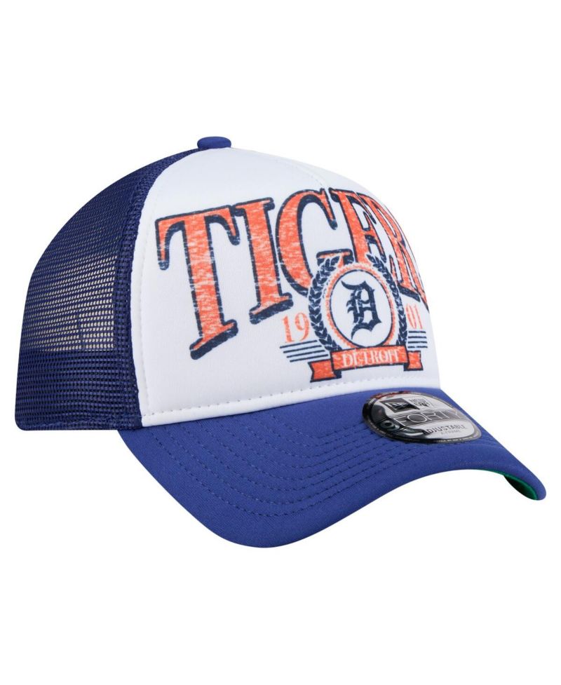 Men's White/Navy Detroit Tigers Distressed 9FORTY A-Frame Adjustable Trucker Hat