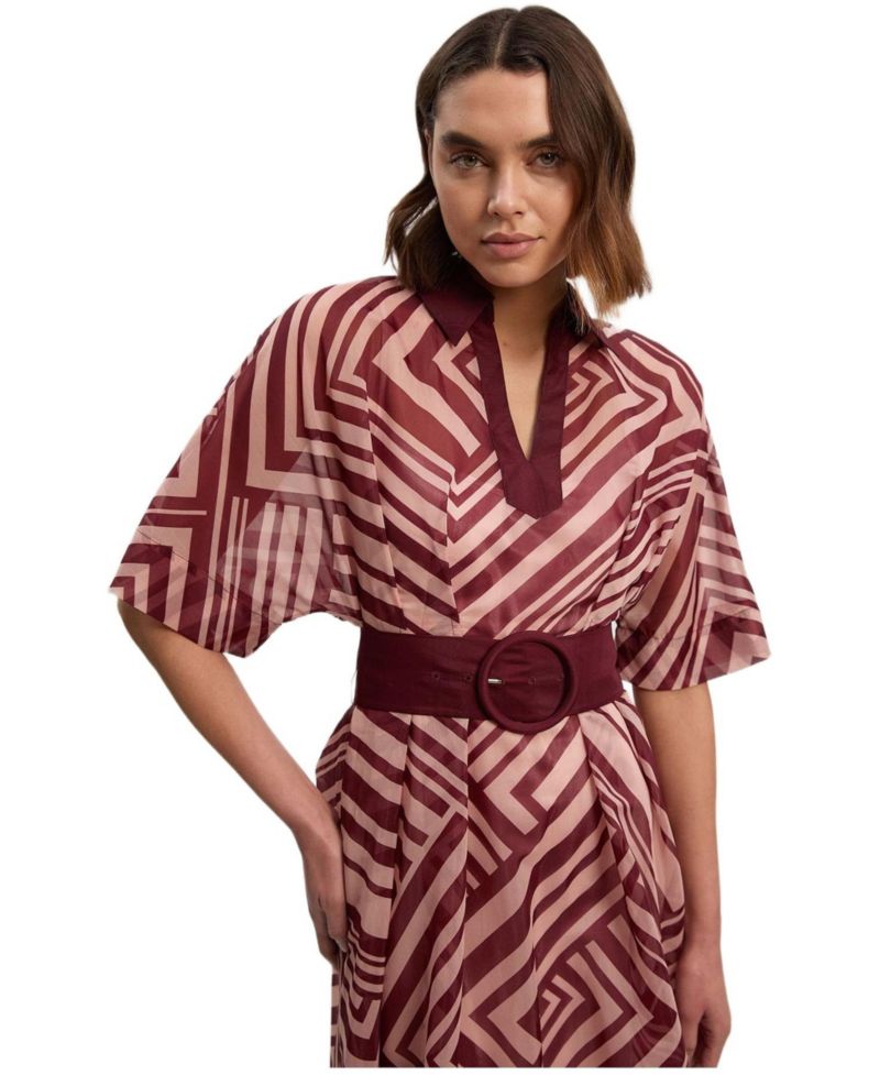Women's Printed 3/4 Sleeve Plunge Midi Dress